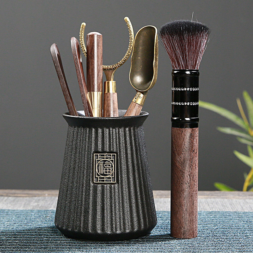 Ebony Tea Utensils Set With Ceramic Fu Holder