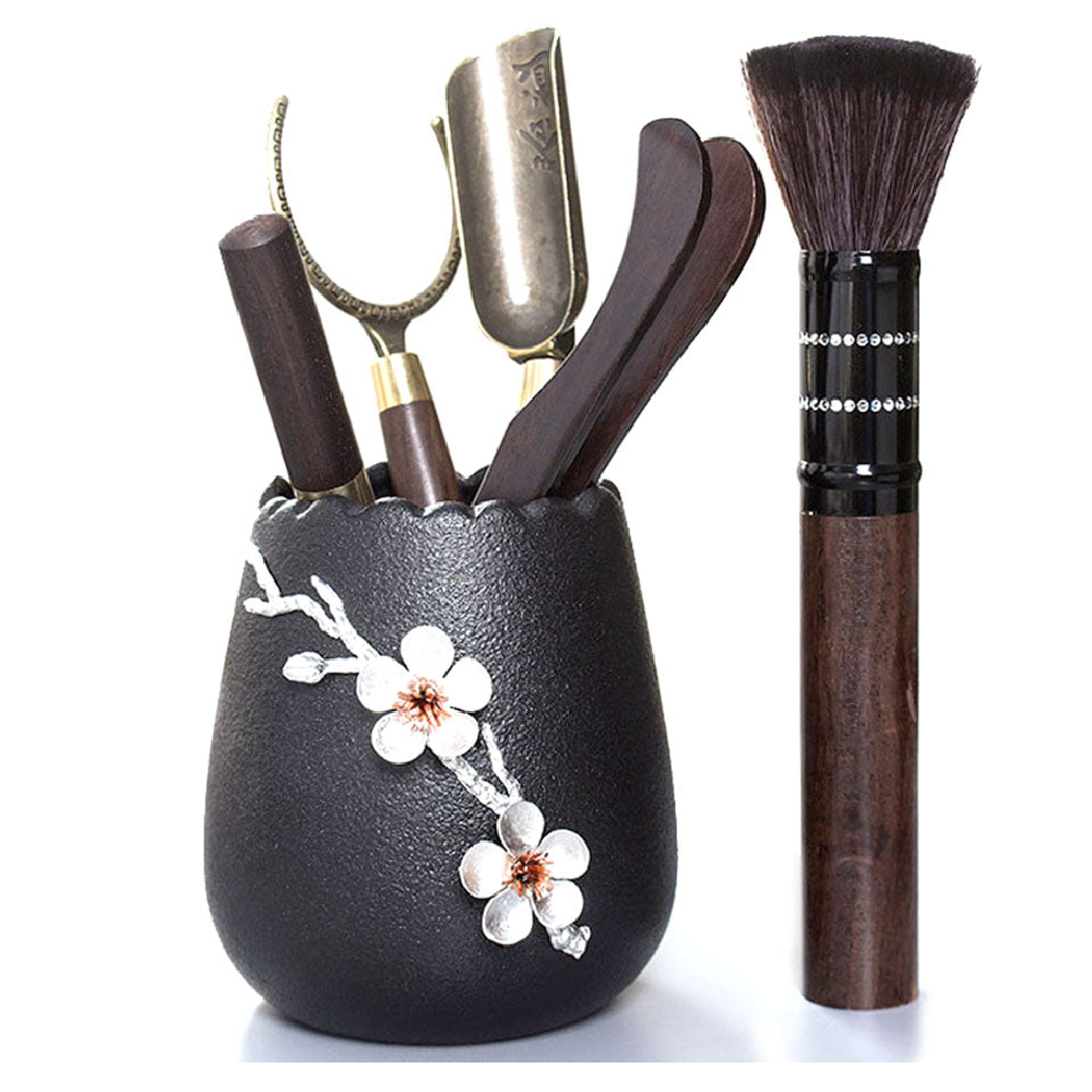 Ebony Tea Utensils Set With Ceramic Plum Blossom Holder