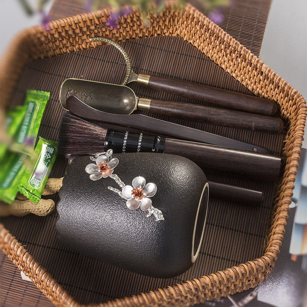 Ebony Tea Utensils Set With Ceramic Plum Blossom Holder