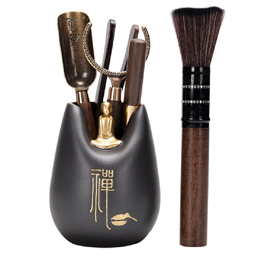 Ebony Tea Utensils Set With Coarse Pottery Monk Holder