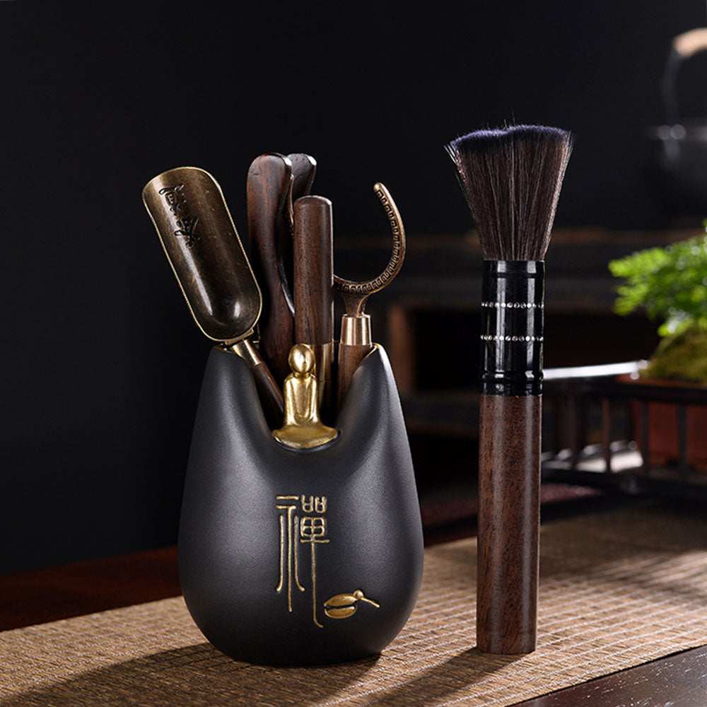 Ebony Tea Utensils Set With Coarse Pottery Monk Holder