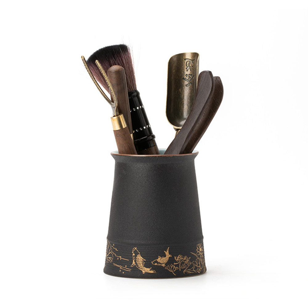 Ebony Tea Utensils Set With Ceramic Koi Holder