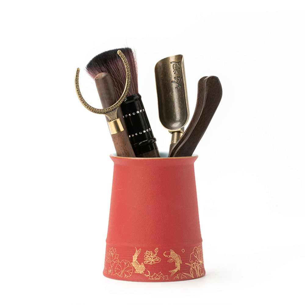 Ebony Tea Utensils Set With Ceramic Koi Holder