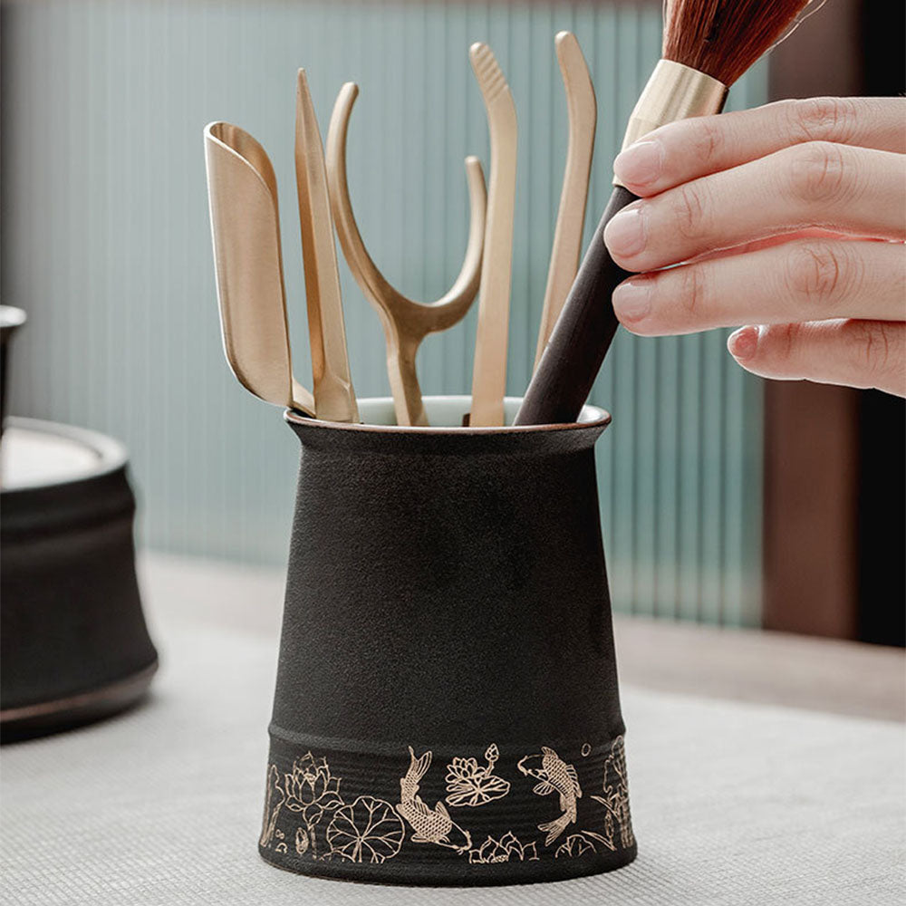 Ebony Tea Utensils Set With Ceramic Koi Holder