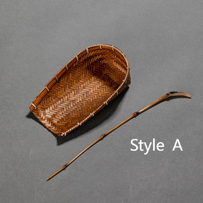 Bamboo Weaving Dustpan Tea Holder With Spoon