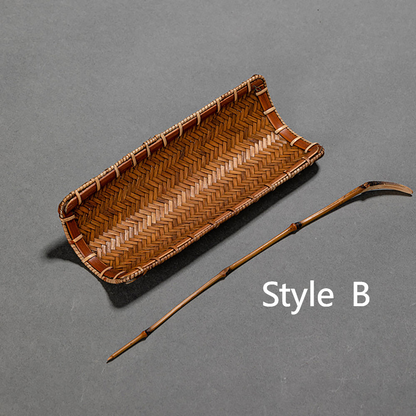 Bamboo Weaving Dustpan Tea Holder With Spoon