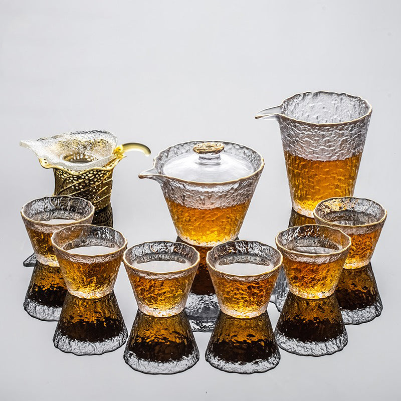 Ice Block Glass Tea Set With Golden Rim