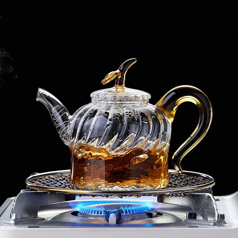 Glass Teapot With Lines And Leaf