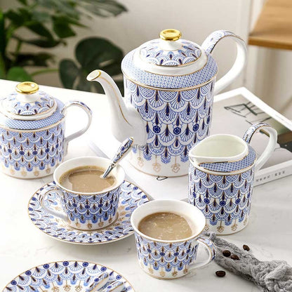 Blue Peacock Bone China Tea Set