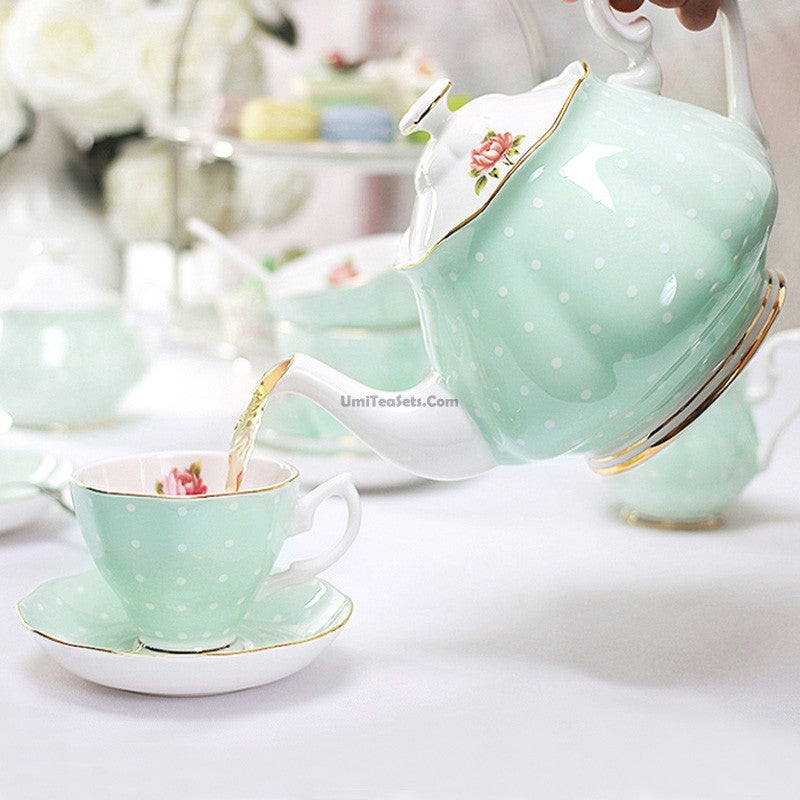 Light Green Dotted Bone China Tea Set