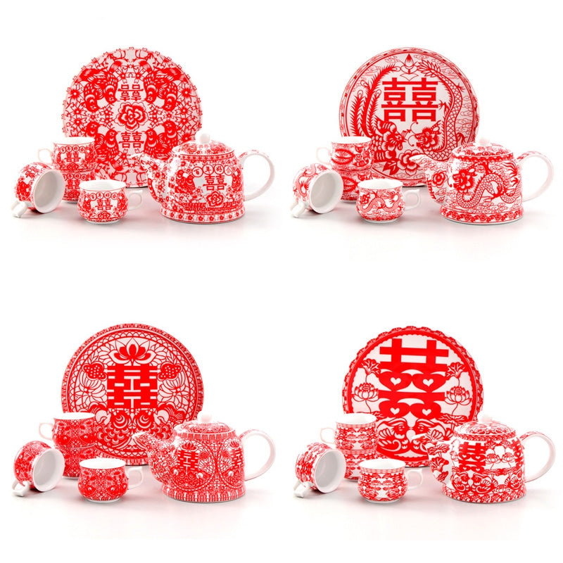 Red Chinese Tea Set With Tray For Wedding