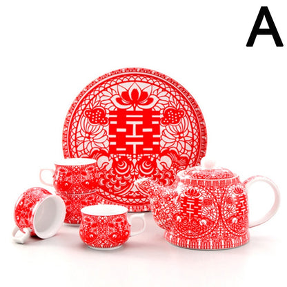 Red Chinese Tea Set With Tray For Wedding