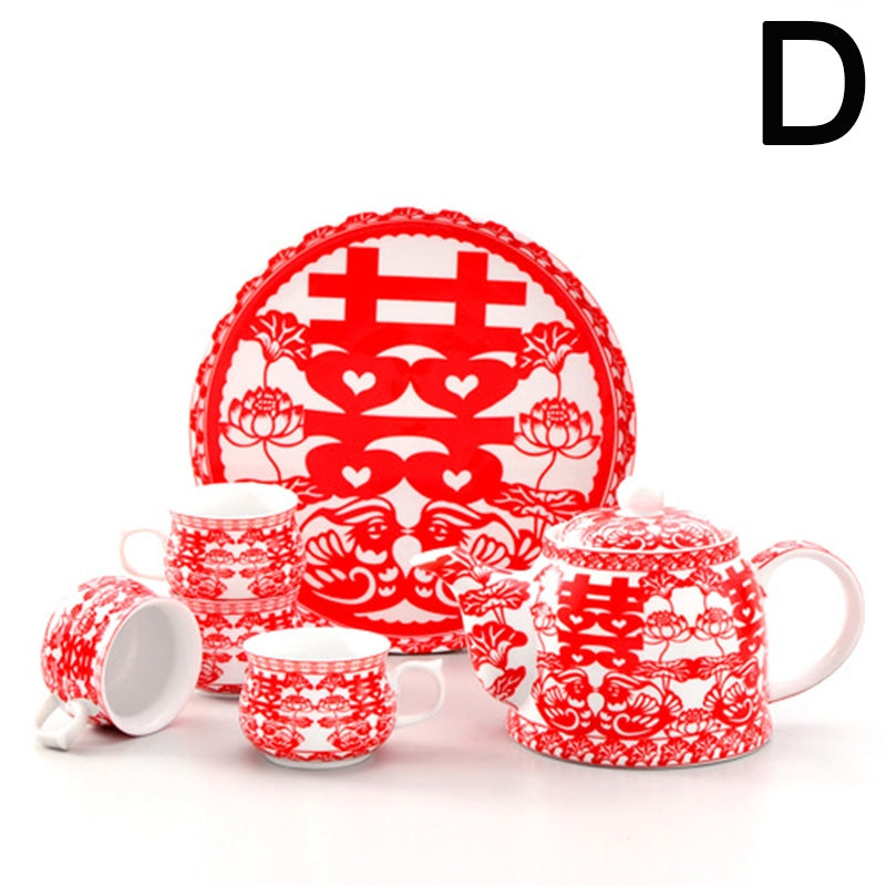 Red Chinese Tea Set With Tray For Wedding