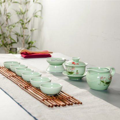 Chinese Jade Porcelain Lotus Gaiwan Tea Set