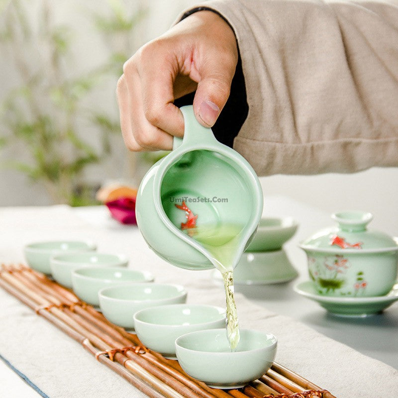 Chinese Jade Porcelain Lotus Gaiwan Tea Set