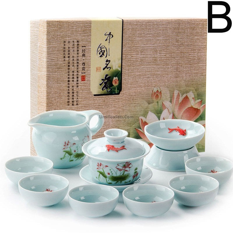 Chinese Jade Porcelain Lotus Gaiwan Tea Set