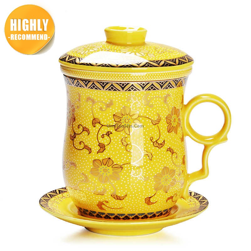 Yellow Chinese Tea Cup With Lid And Saucer