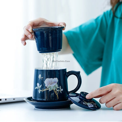 Chinese Blue Flower Office Tea Cup With Infuser