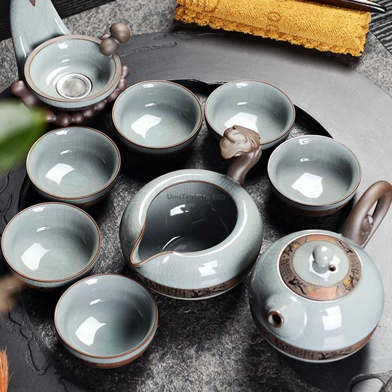 Ice Crack Ruyao Tea Set With Black Stone Tray