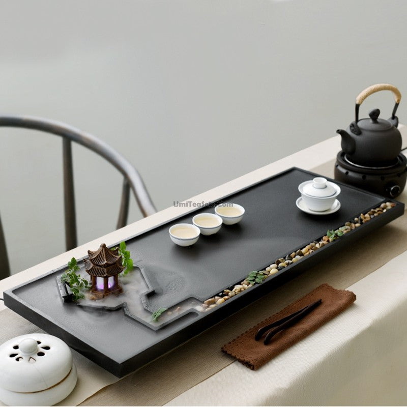 Black Stone Zen Tea Tray With Pavilion And Brook