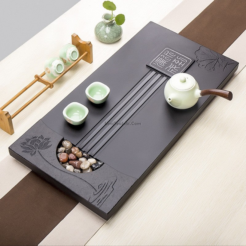 Black Stone Tea Tray With Lotus Flower