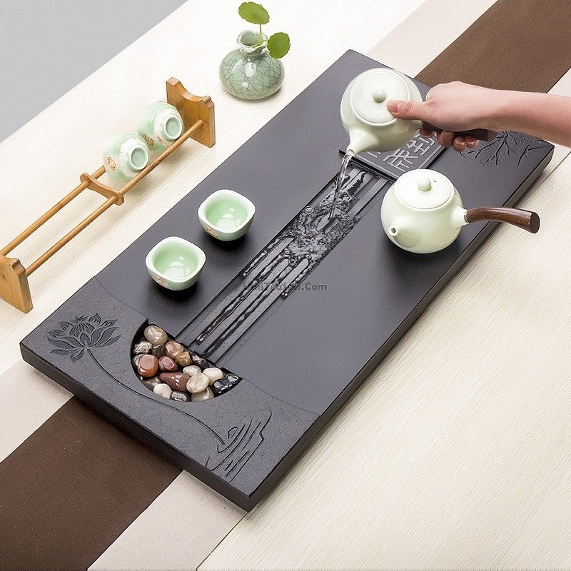 Black Stone Tea Tray With Lotus Flower