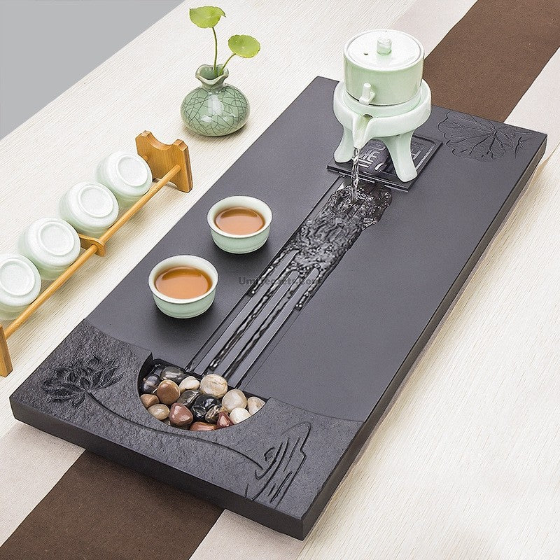 Black Stone Tea Tray With Lotus Flower