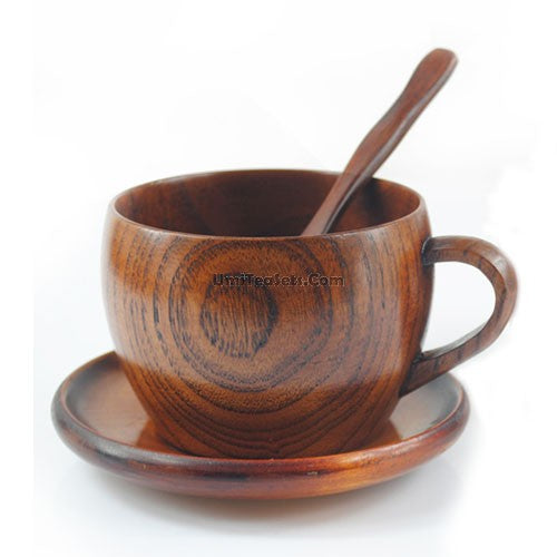 Wooden Tea Cup With Saucer And Spoon (Set of 2)