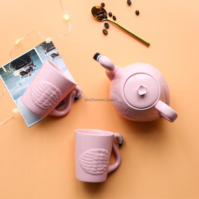 Teapot Set with Cup Cute Pink Flamingo Shape Ceramic Tea Pot cup Kitchen Use