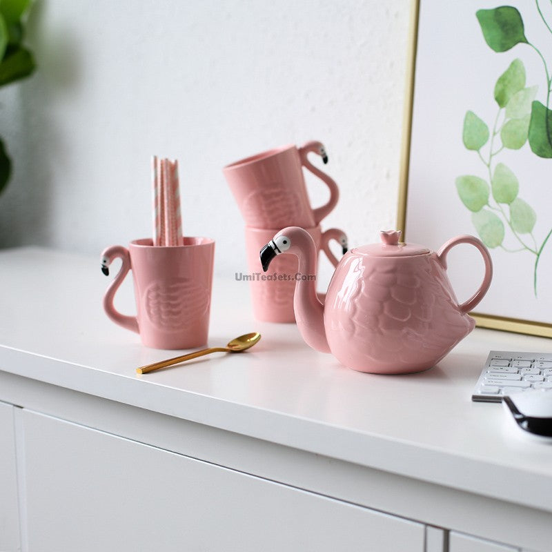 Teapot Set with Cup Cute Pink Flamingo Shape Ceramic Tea Pot cup Kitchen Use