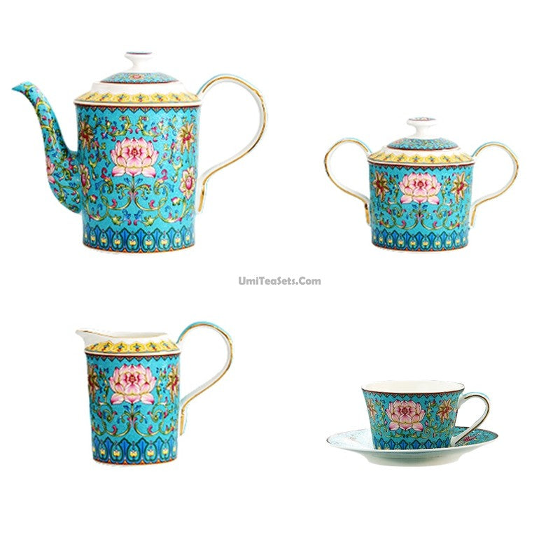 Blue Bone China Lotus Tea Set