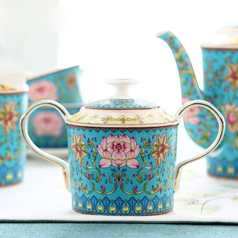 Blue Bone China Lotus Tea Set