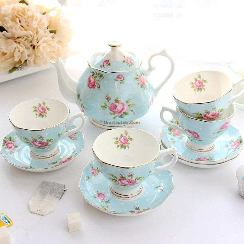 Light Green Dotted Bone China Tea Set