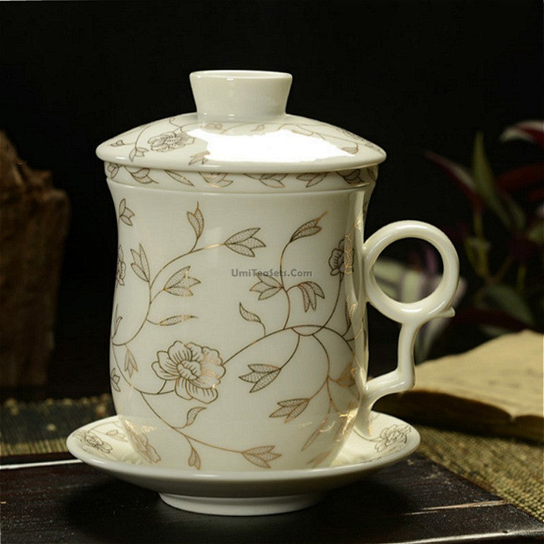 Floral Leaf Chinese Tea Cup With Lid And Saucer