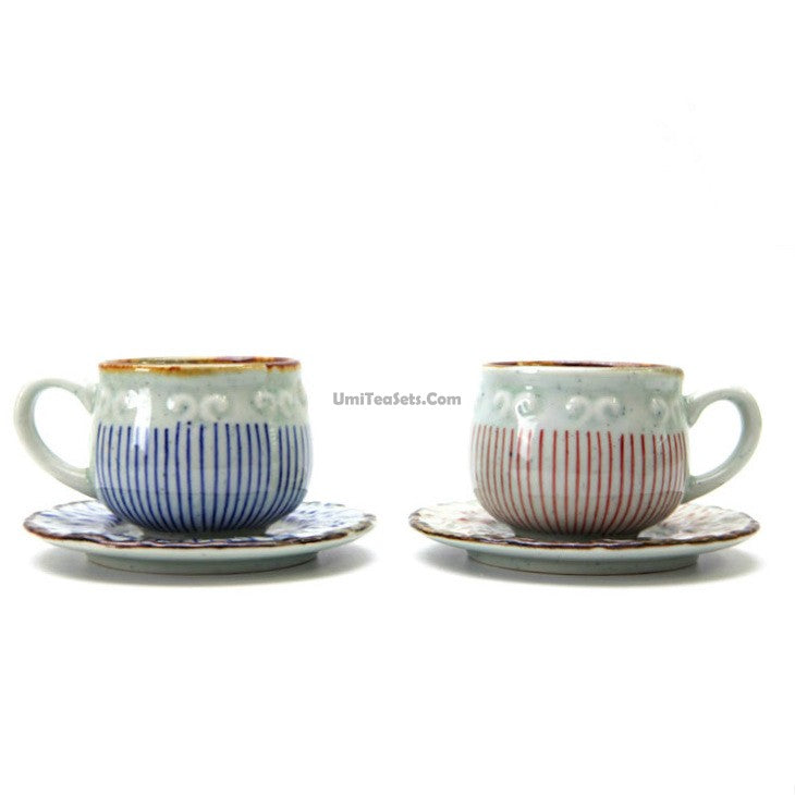 Set of TWO White Espresso Cups With Handle and Saucers, 2 Ceramic