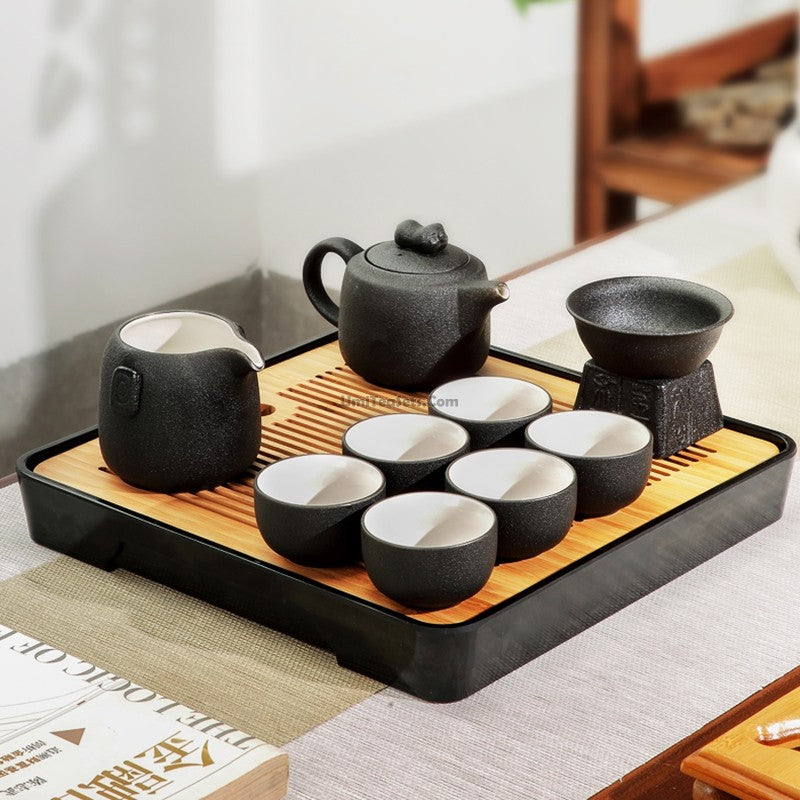 Japanese Dark Green Ceramic Tea Set Bamboo Tea Tray Chinese