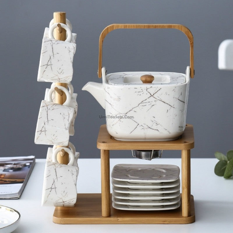 Marbling Modern Tea Set With Bamboo Stand