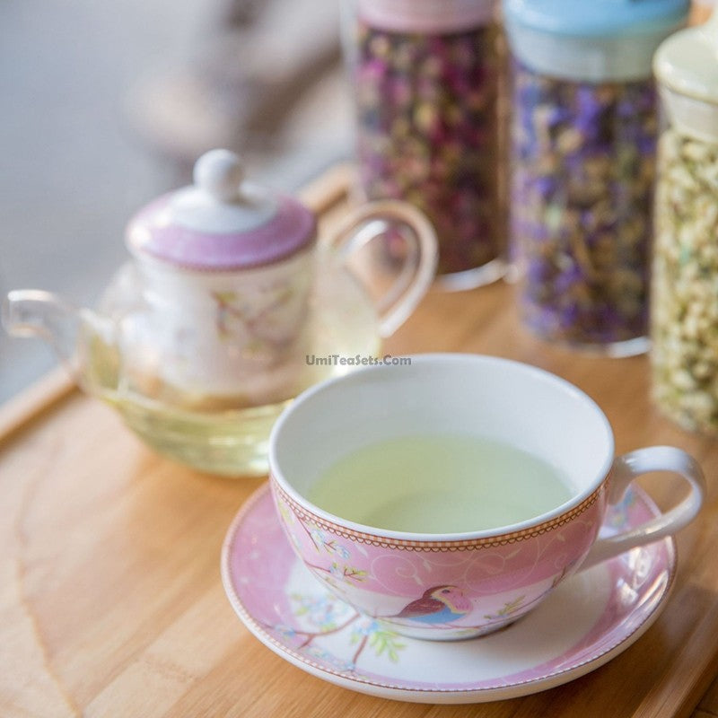 Flower Tea Set Glass Tea Pot Fruit Tea Pot English Afternoon Tea Set With  One Iron Frame, One Pot, One Base, Six Cups, Six Saucers And Six Spoons, In  Pink