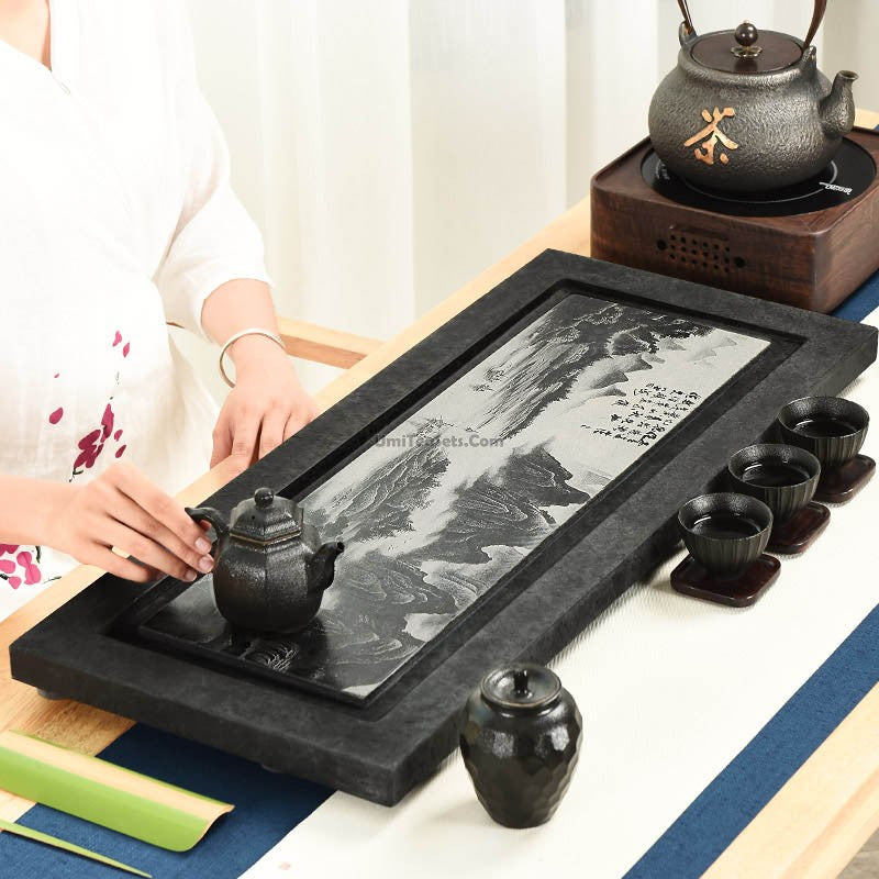 Black Stone Tea Tray With Carved Landscape