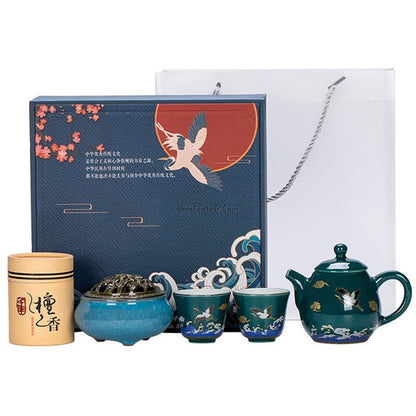 Chinese Sea Wave Crane Tea Set With Incense Burner