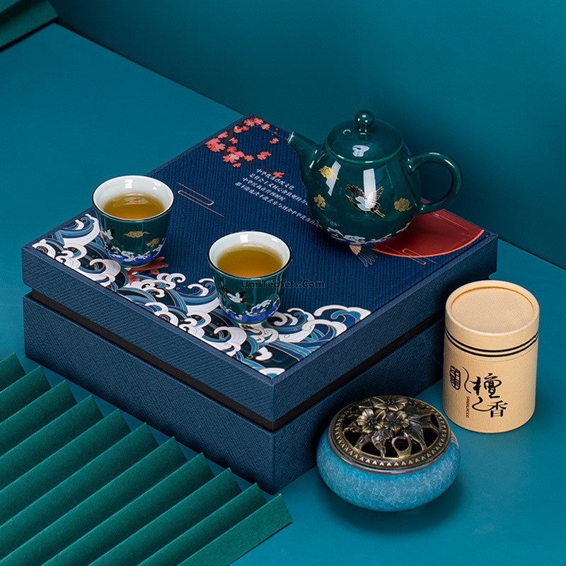 Chinese Sea Wave Crane Tea Set With Incense Burner