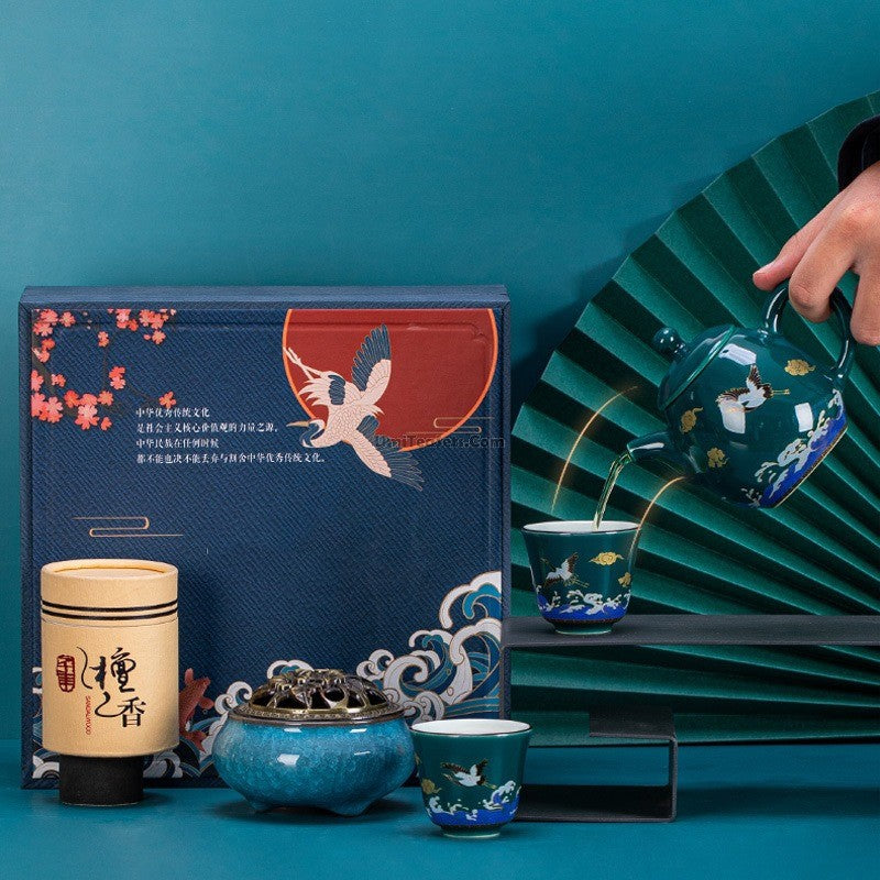 Chinese Sea Wave Crane Tea Set With Incense Burner