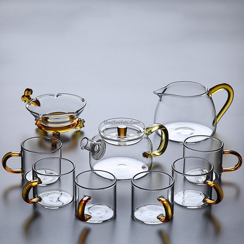 Glass Tea Set With Cognac Handle