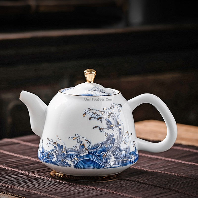 Chinese Sea Wave Teapot With Golden Rims